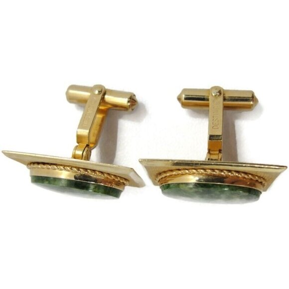 Vintage Destino Square Cufflinks 1/20 12K Gold Filled Green Oval Jade Center - Picture 3 of 12